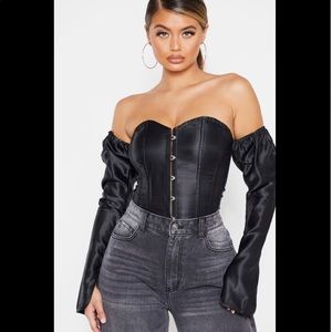 Prettylittlething Black Satin Long Sleeve Bardot Corset Top